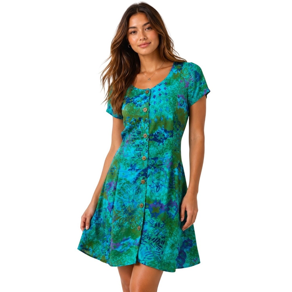 Y2K Silver Moon Creations Dress Women Medium Teal Green Batik Hawaii Tie Back‎